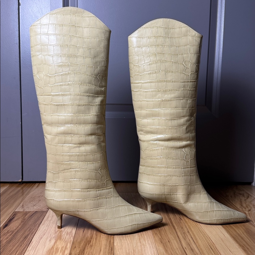 Schutz Maryana Knee High Boots Croc Embossed Cream Almond Heel Pointed Toe - Picture 7 of 9